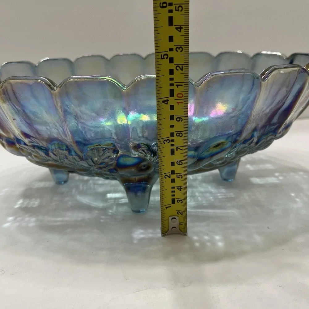 Indiana Glass Iridescent Blue Harvest Carnival Grape Fruit Bowl Footed Vintage